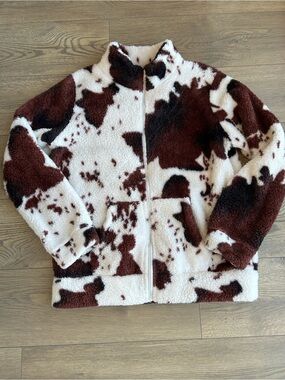 For G&PL Cozy Cow Print Sherpa Zip-Up Jacket - Cream & Brown